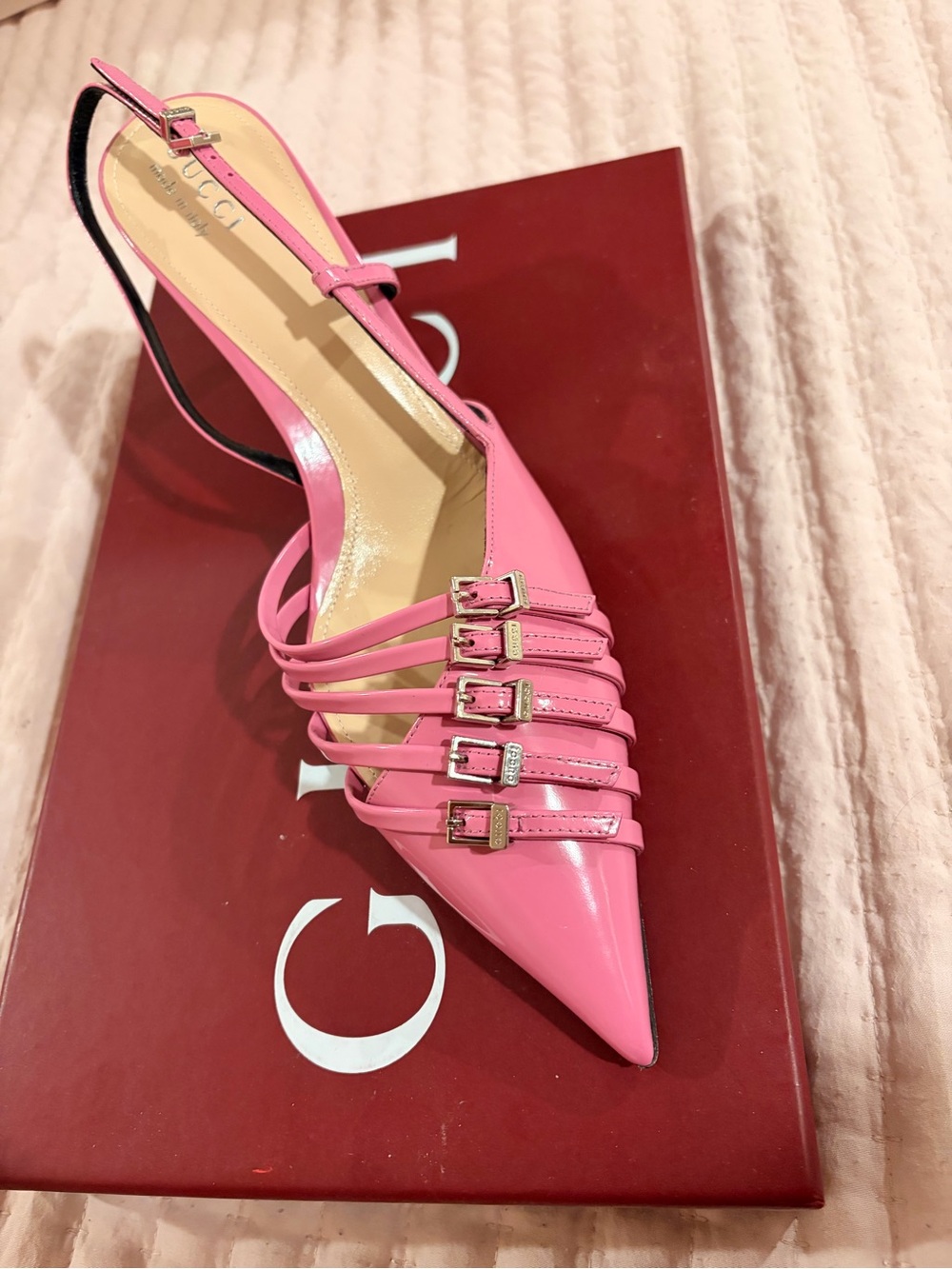 Gucci Pink Patent Leather Multi-Strap Pointed Slingback Heels - Picture 2 of 5